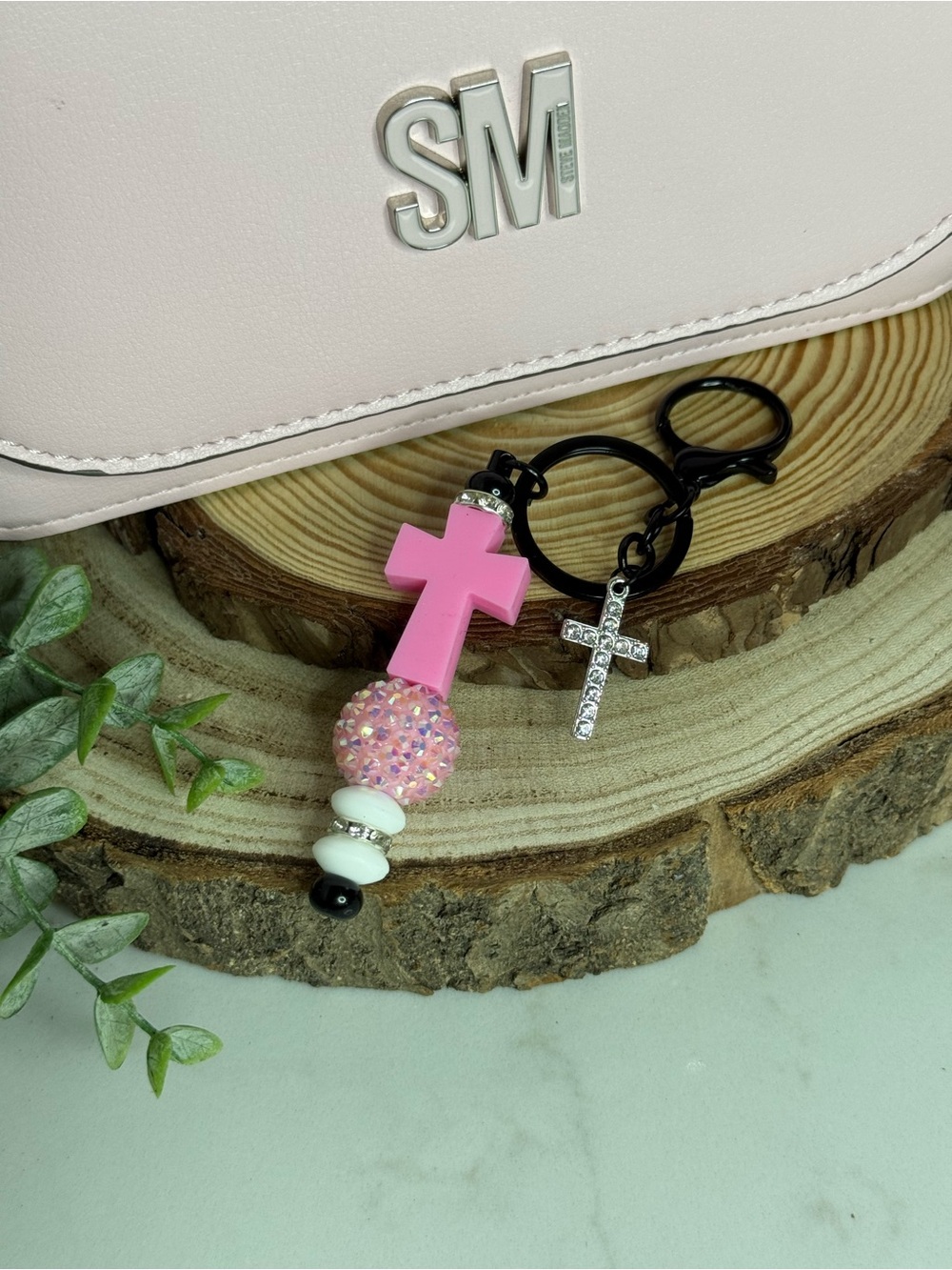 Pink Cross Beaded Keychain with Rhinestone Cross Charm - Picture 2 of 6